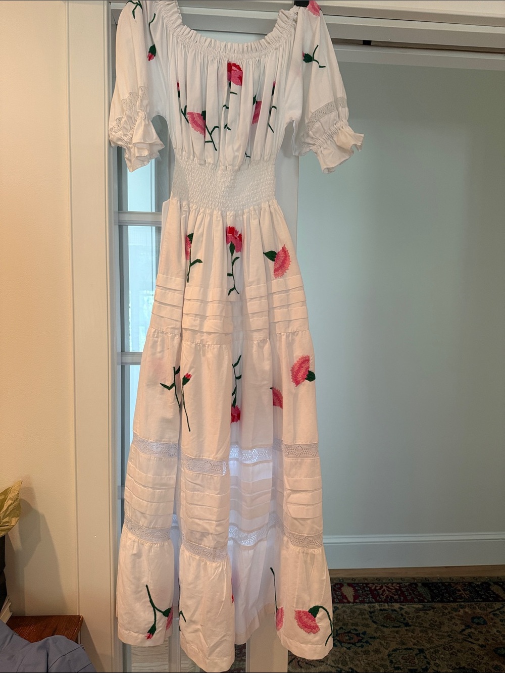 Mi Golondrina White Maxi Dress with Pink Floral Embroidery